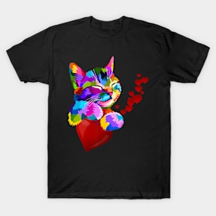 Cute Cat Colorful Funny Valentines Day Hearts Girls Kids T-Shirt